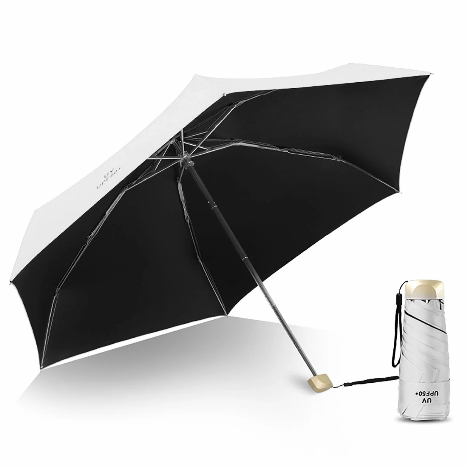 Parasol Słoneczny, Mini Składany Parasol Podróży, Podwójne Użycie Sunshine Protection Sunshade Parasol z czarną powłoką Kleju i obudową na Deszcz na Zewnątrz lub Blask
