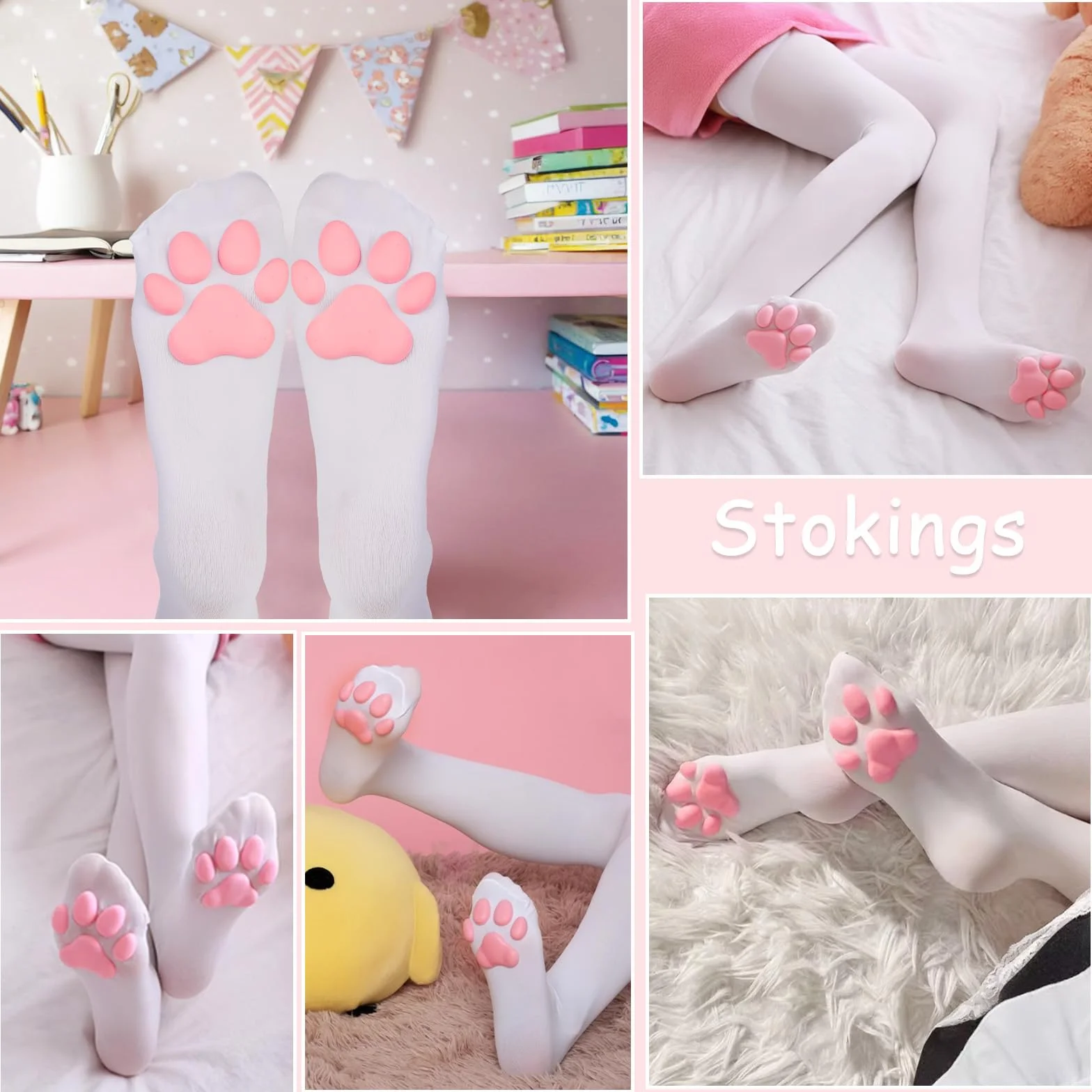 Lusofie Skarpety do kolan z rysunkiem łapki kota Kawaii 3D Skarpety z łapkami kota Cosplay Damskie Słodkie skarpety z łapkami kota Kostium Cat Overknees Odpowiednie dla kobiet i dziewcząt do grania w