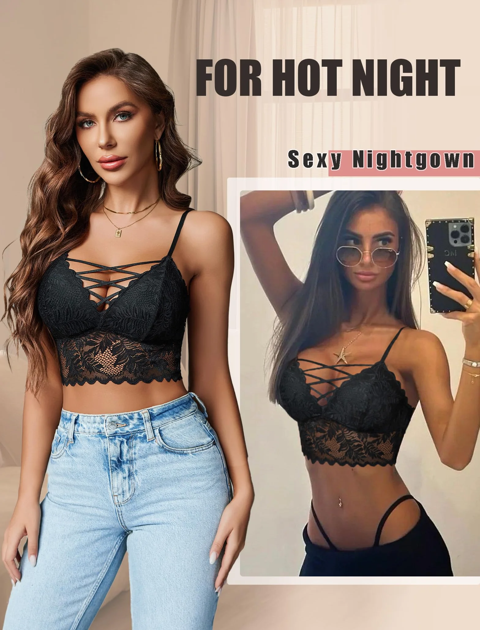 Avidlove Seksowny top damski z koronką, ramiączka spaghetti, podkoszulek crop top, dekolt w serek, top na festiwal, imprezę