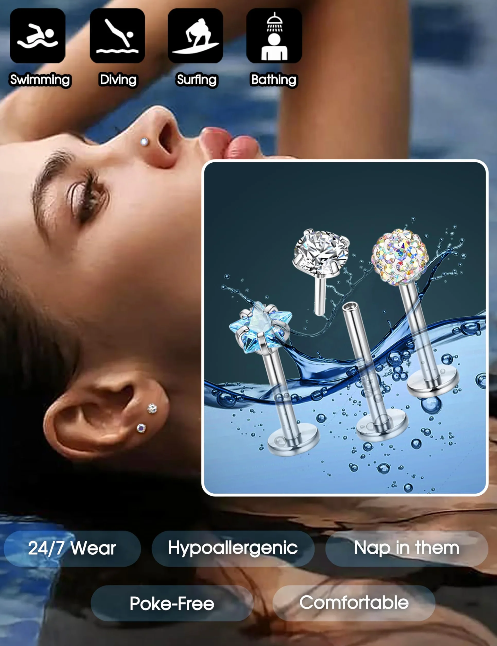 LOLIAS 28 szt. wargi labret sztyft stal nierdzewna 16/20G 6/8 mm tragus piercing biżuteria wargi bar tragus kolczyk gwiazda serce CZ opal płaski tył nos kolczyk meduza piercing biżuteria dla kobiet