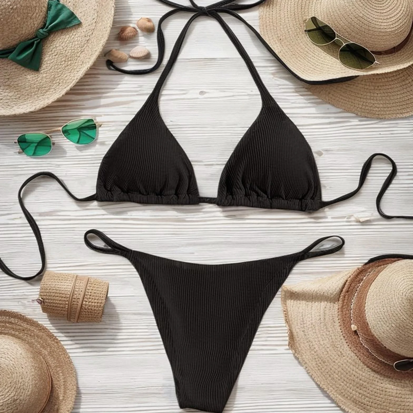 Damskie Bikini Zestawy Regulowany Strój Kąpielowy Bikini Strój Kąpielowy Halter Dwuczęściowy Strój Kąpielowy Z Wypełnieniem (Czarny)