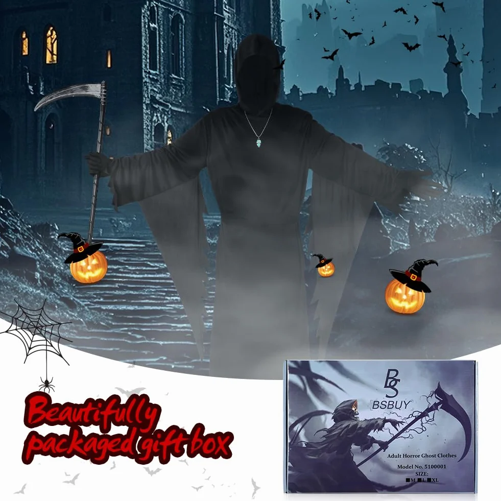 Kostium dla dorosłych, horror i duch, kostium żniwiarza z kosą śmierci i maską i świecącym krzykiem naszyjnika, na Halloween karnawał krzyk Cosplay