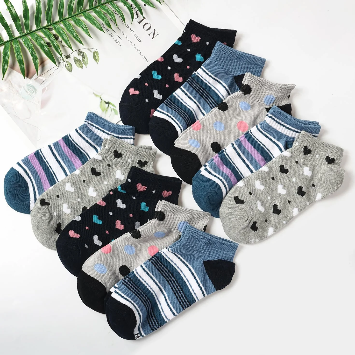 Skarpety damskie do sneakersów 35-38 39-42, 10 par bawełnianych krótkich skarpet dziewczęcych, wielokolorowe skarpety do sneakersów, kolorowe skarpety damskie z kropkami w paski, Niebieski zestaw., 35