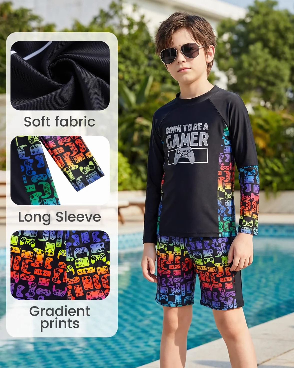 JiAmy Chłopięcy 2-częściowy zestaw kąpielowy, kostium kąpielowy z długim rękawem UV Rash Guard koszule z kąpielówkami dla dużych chłopców strój kąpielowy dla 5-14 lat