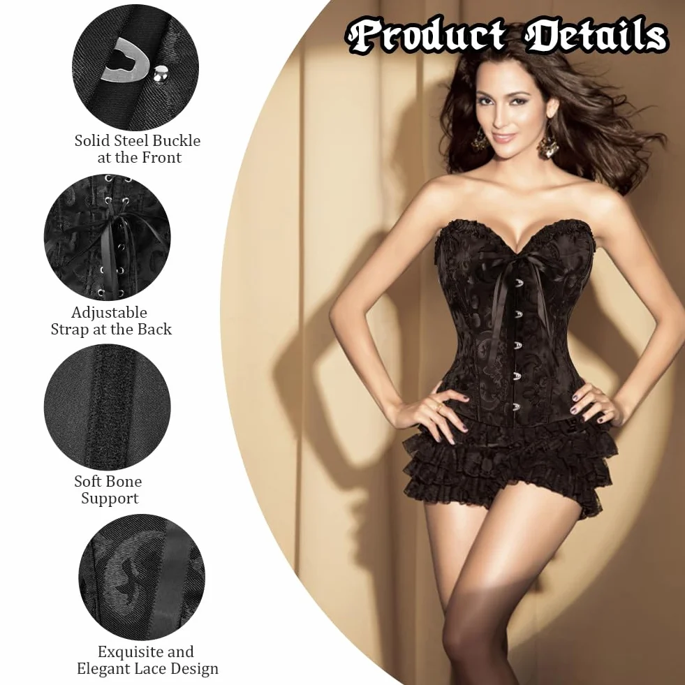 AUYAO Damski koronkowy gorset z odsłoniętymi kostkami gorset/czarny gorset pas na cosplay Halloween randki Catwoman retro impreza tematyczna steampunk (S-XL)