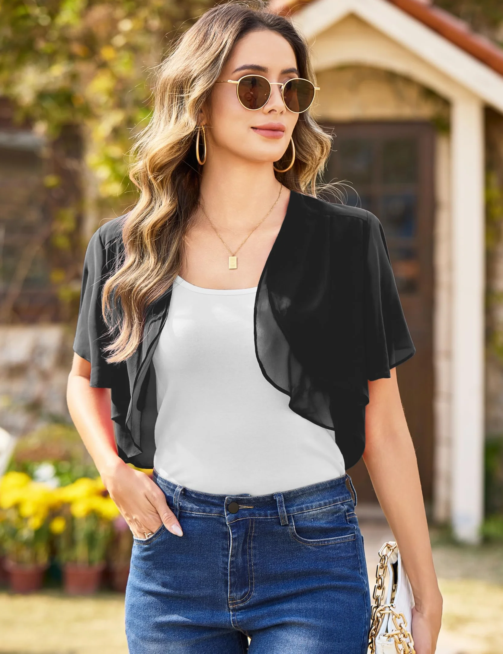 Aottori Damskie bolerko z szyfonu, odświętne, rękawy 3/4, elegancki sweter, krótki kardigan, z otwartym przodem, bolerko, kurtka na ramię