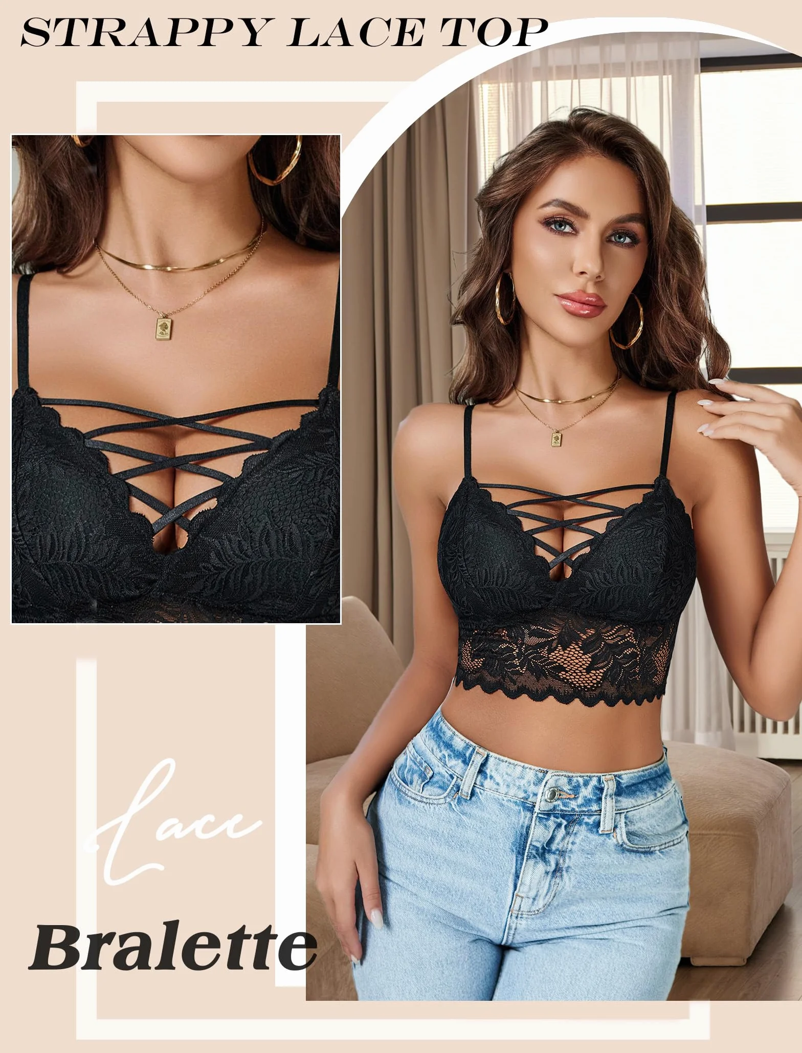 Avidlove Seksowny top damski z koronką, ramiączka spaghetti, podkoszulek crop top, dekolt w serek, top na festiwal, imprezę