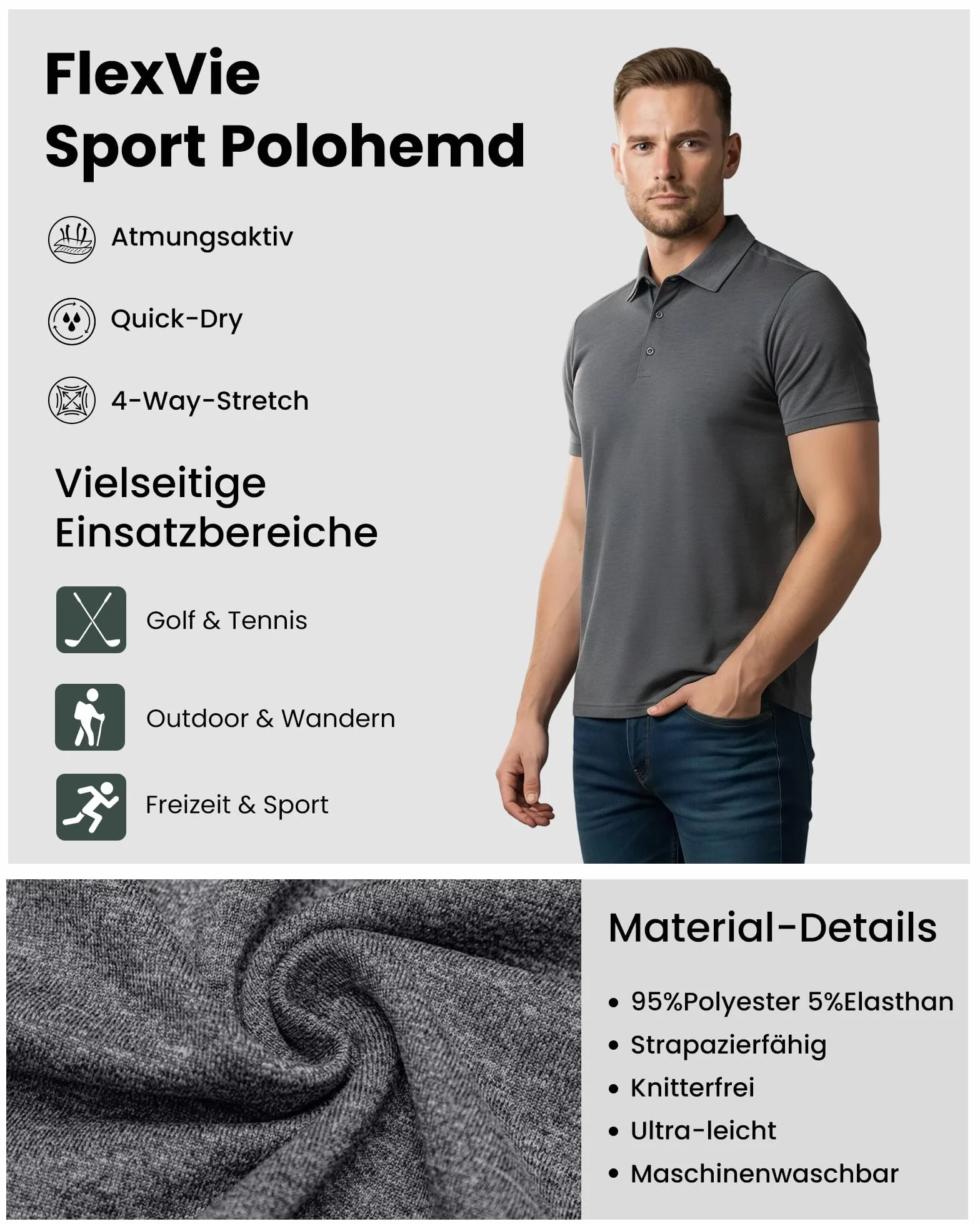 Męska koszulka polo z krótkim rękawem, ciemnoszara, oddychająca, szybkoschnąca, funkcyjna, do uprawiania sportu i pracy, regular fit