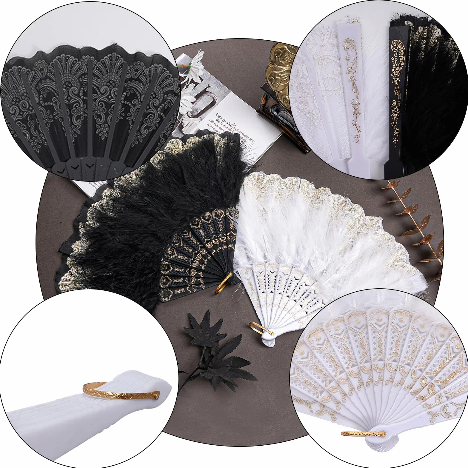 2 sztuki damskie wachlarze z piór, 1920s styl vintage składany wachlarz ręczny wachlarz z piór, wachlarz damski Gatsby na Halloween, wesele, przyjęcie, herbatnik, bal kostiumowy, czarno-biały