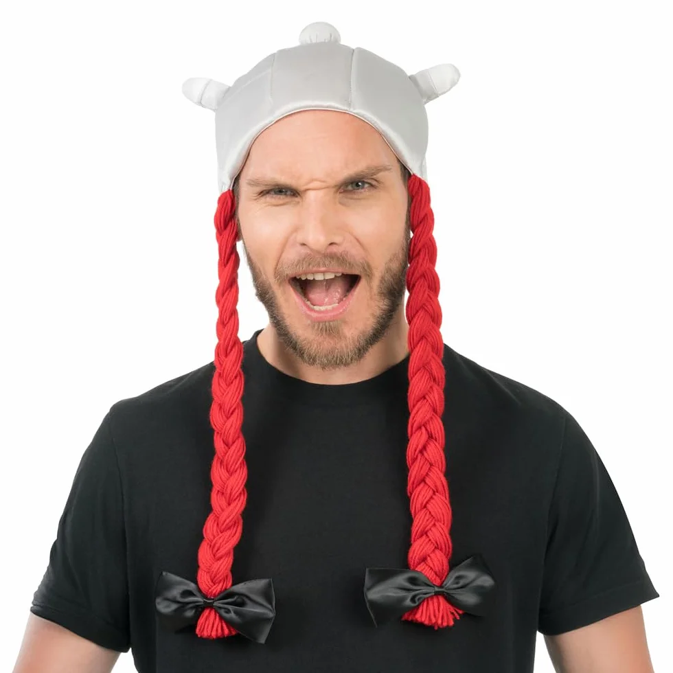 Chaks - hełm Obelix, materiałowy hełm z czerwonymi warkoczami, Asteriks i Obelix, akcesoria do kostiumów na Karnawał i Comic Con