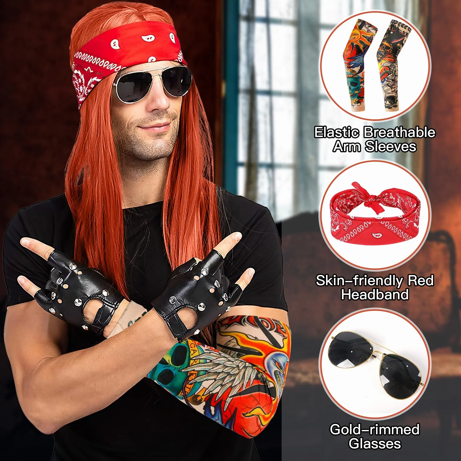 Kostium męski Rocker, 12 sztuk, styl punkowy, gotycki, zestaw rockowy, lata 80-te 90., hip hop, stroje z perłą, okularami, tatuażami, rękawami, rękawiczkami, bandanami, bransoletkami i pierścieniami,