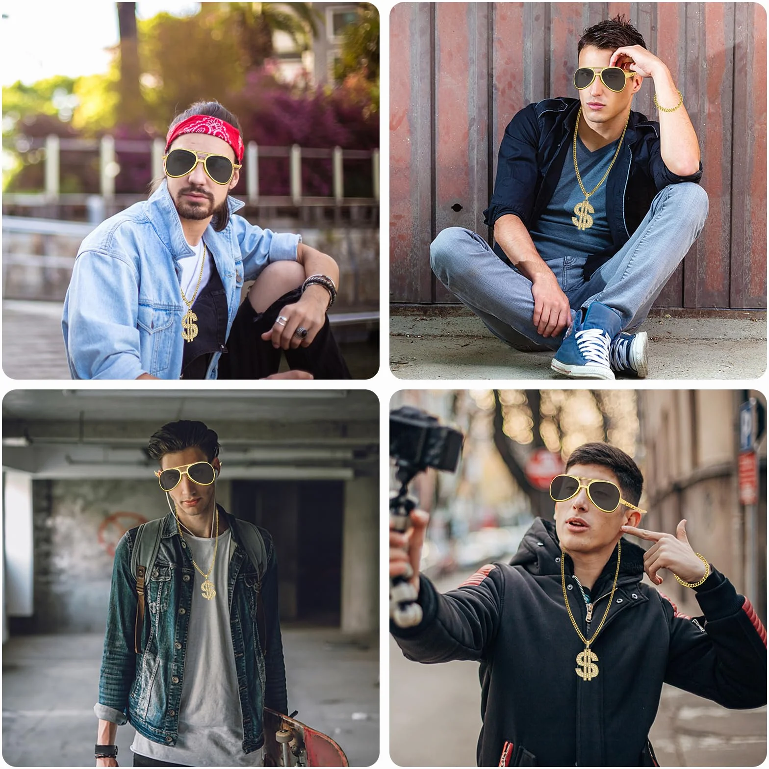Giugio Kostium a, 4 sztuki, w stylu lat 80., 90-tych, męski kostium hip-hopowy, łańcuszek dolara, pierścionek, gwiazda rocka, okulary, zestaw raperów, na karnawał, imprezę tematyczną, akcesoria
