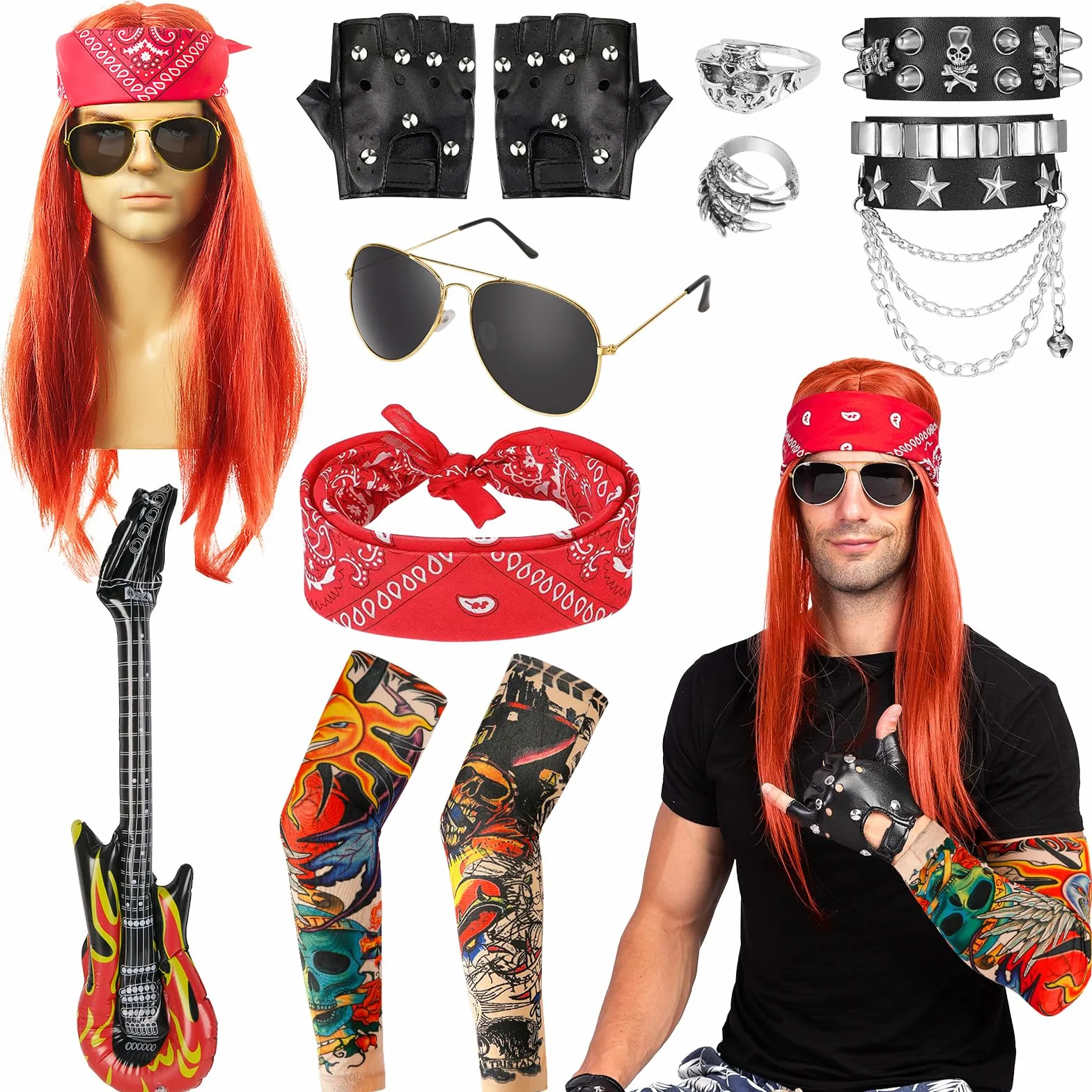 Kostium męski Rocker, 12 sztuk, styl punkowy, gotycki, zestaw rockowy, lata 80-te 90., hip hop, stroje z perłą, okularami, tatuażami, rękawami, rękawiczkami, bandanami, bransoletkami i pierścieniami,