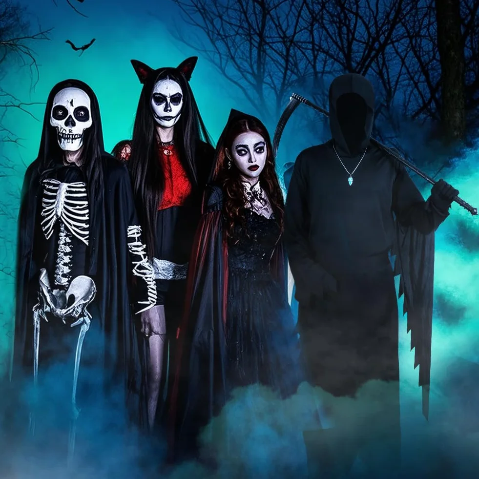 Kostium dla dorosłych, horror i duch, kostium żniwiarza z kosą śmierci i maską i świecącym krzykiem naszyjnika, na Halloween karnawał krzyk Cosplay