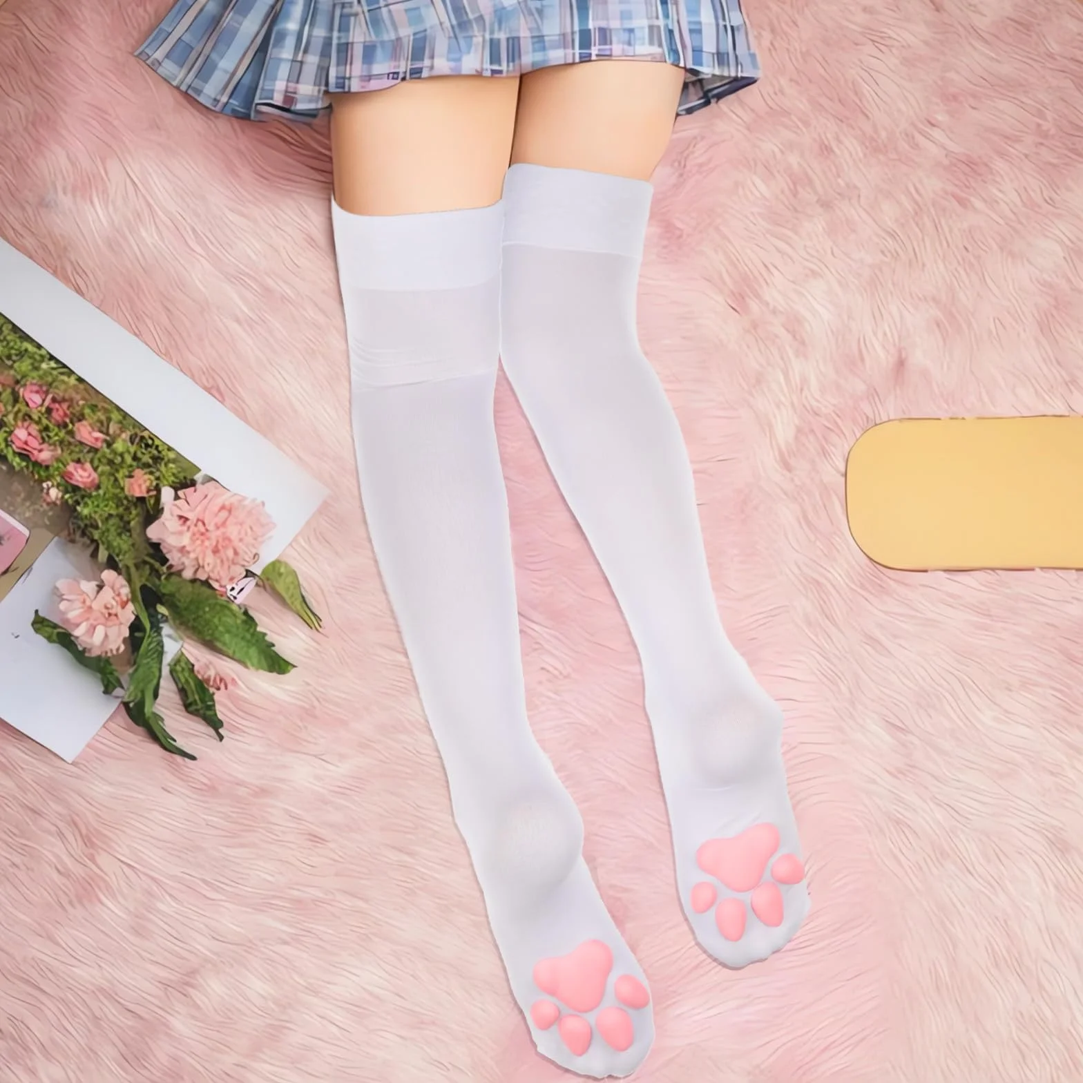 Lusofie Skarpety do kolan z rysunkiem łapki kota Kawaii 3D Skarpety z łapkami kota Cosplay Damskie Słodkie skarpety z łapkami kota Kostium Cat Overknees Odpowiednie dla kobiet i dziewcząt do grania w