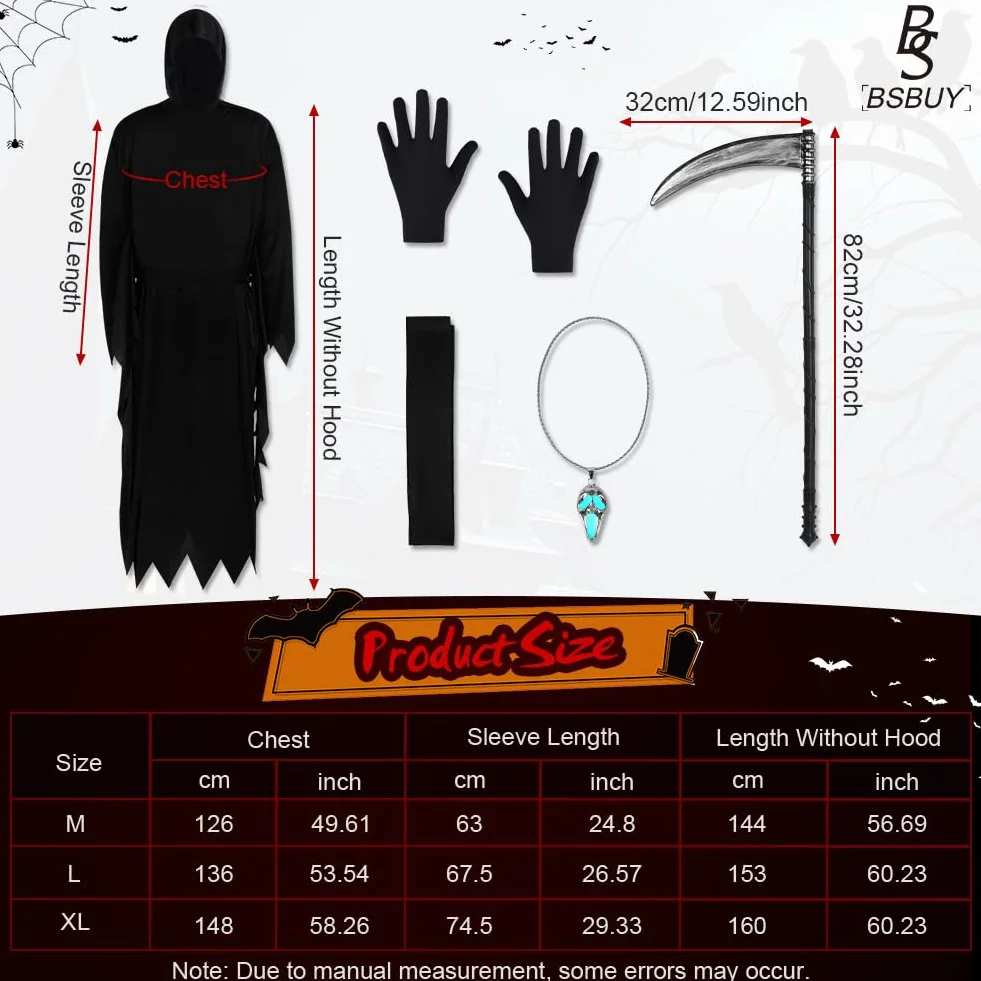 Kostium dla dorosłych, horror i duch, kostium żniwiarza z kosą śmierci i maską i świecącym krzykiem naszyjnika, na Halloween karnawał krzyk Cosplay