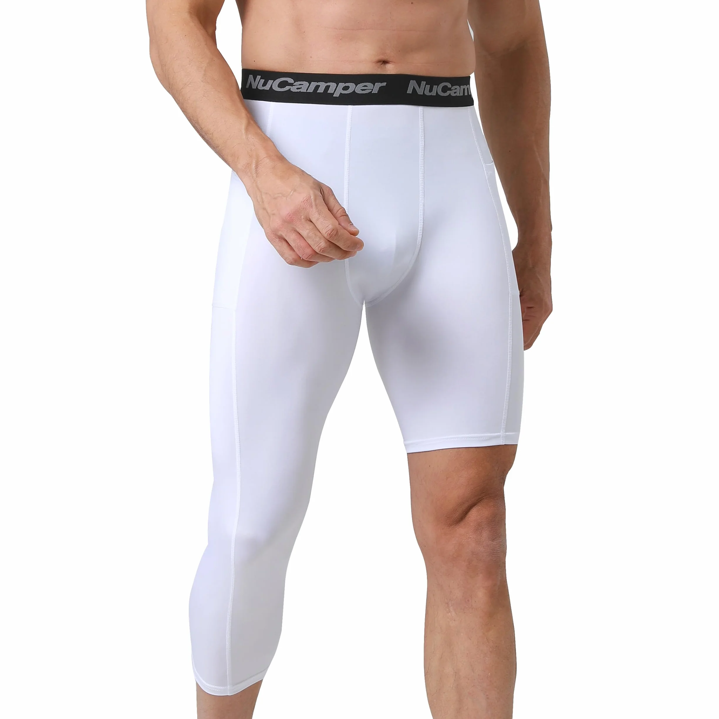 NuCamper 3/4 Spodnie Kompresyjne Męskie z Kieszeniami, Sportowe Legginsy, One Leg Długie Spodnie do Biegania, Szybkoschnące, Warstwa Bazowa Spodnie Kompresyjne, Treningu, Sportu, Koszykówki