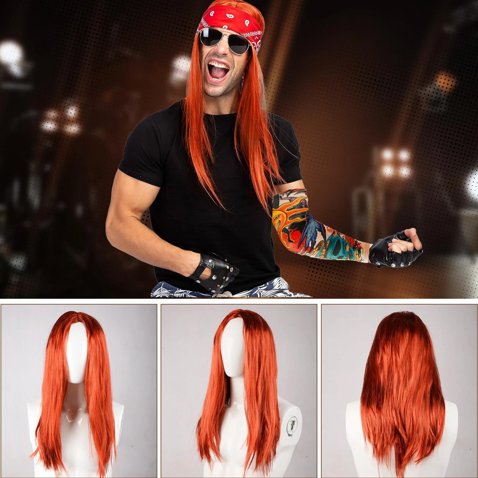 Kostium męski Rocker, 12 sztuk, styl punkowy, gotycki, zestaw rockowy, lata 80-te 90., hip hop, stroje z perłą, okularami, tatuażami, rękawami, rękawiczkami, bandanami, bransoletkami i pierścieniami,