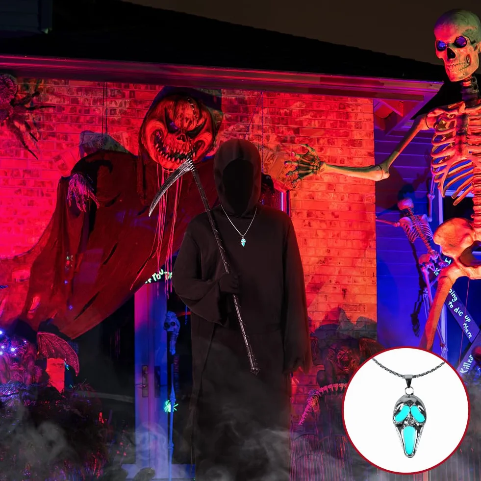 Kostium dla dorosłych, horror i duch, kostium żniwiarza z kosą śmierci i maską i świecącym krzykiem naszyjnika, na Halloween karnawał krzyk Cosplay