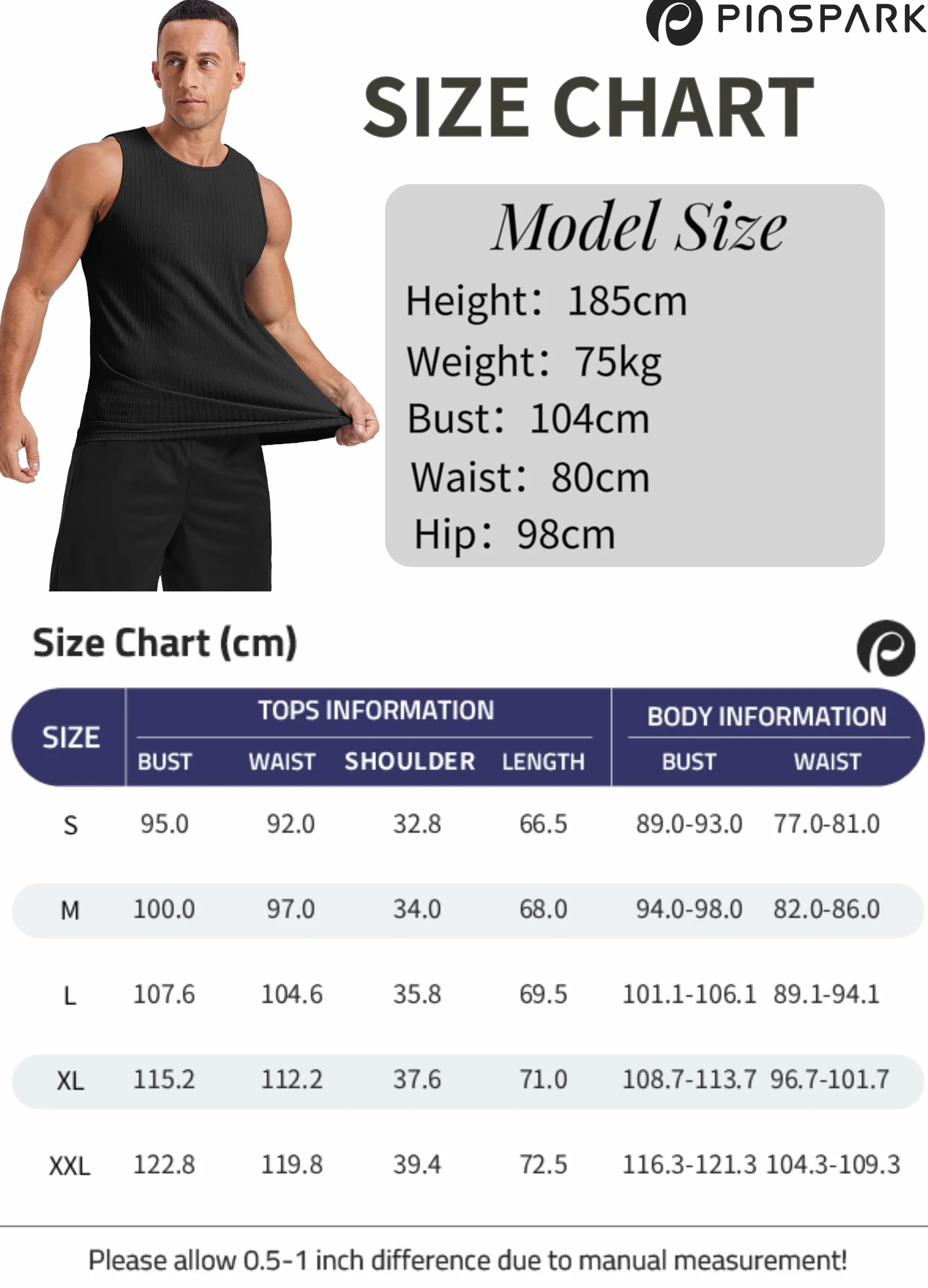 PINSPARK Męski tank top, prążkowana koszulka mięśniowa, bez rękawów, koszulka sportowa, szybkoschnąca, krój slim fit, koszulka na lato