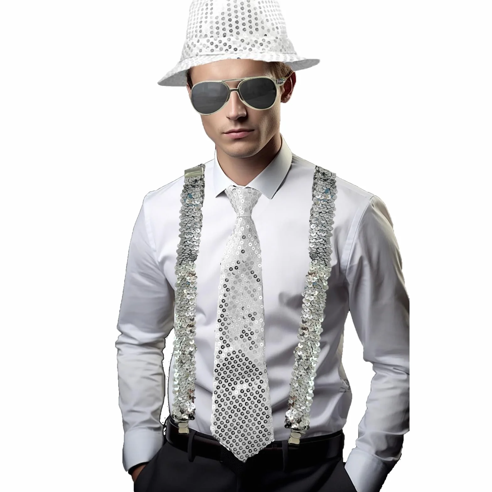 DONGZQAN 7 szt. brokatowy kostium męski, brokatowy kostium, kostium karnawałowy, strój dyskotekowy, brokatowe akcesoria męskie, brokatowy kapelusz męski na karnawał, imprezę, do tańca