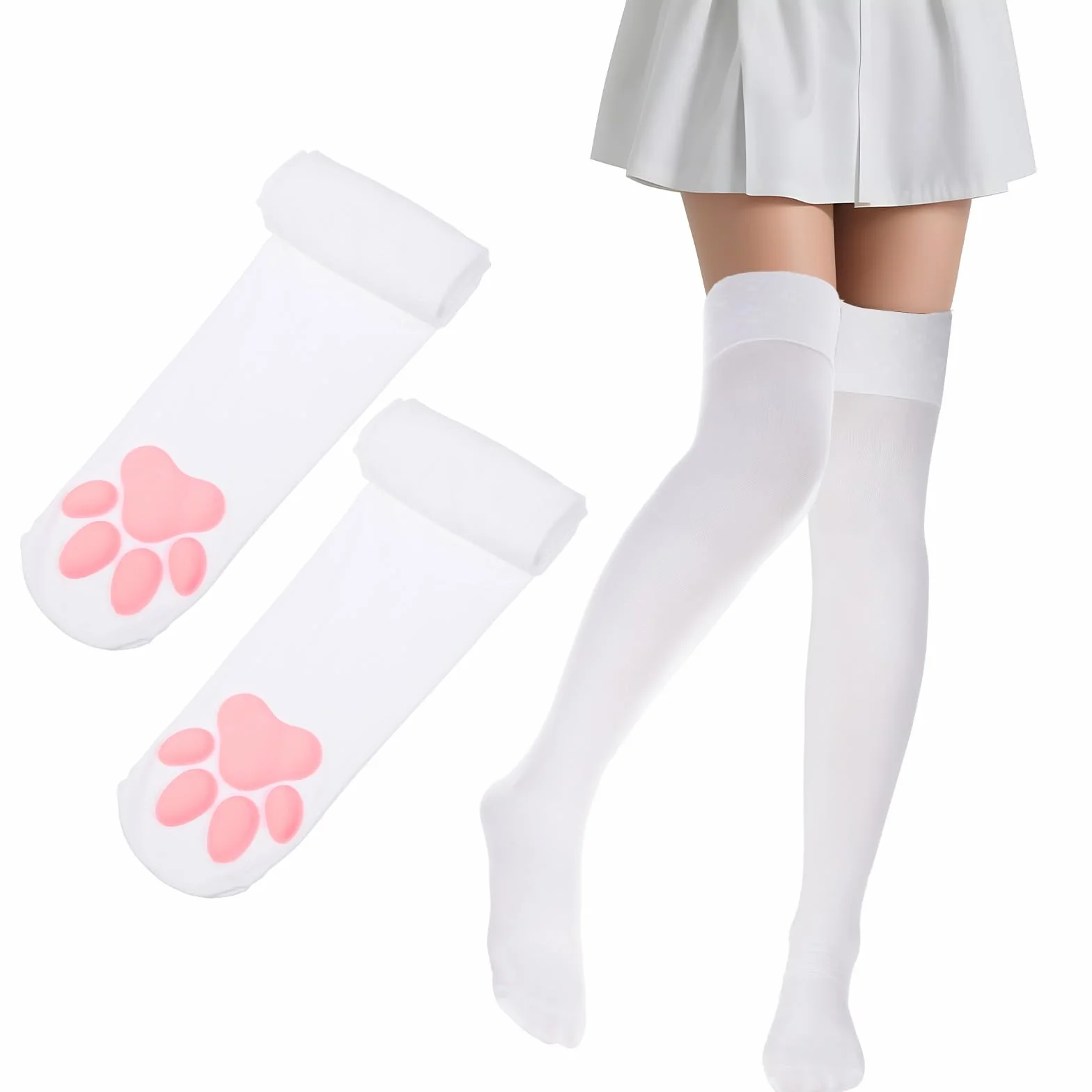 Lusofie Skarpety do kolan z rysunkiem łapki kota Kawaii 3D Skarpety z łapkami kota Cosplay Damskie Słodkie skarpety z łapkami kota Kostium Cat Overknees Odpowiednie dla kobiet i dziewcząt do grania w