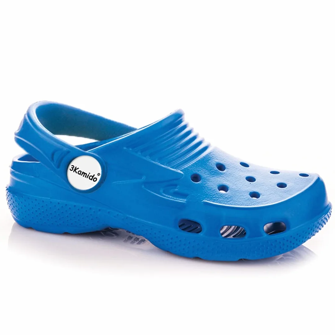 Croco klapki dziecięce, dziecięce klapki ogrodowe, klapki basenowe, klapki na plażę, na spacery, na podwórko, na plac zabaw, dla chłopców i dziewcząt (Niebieskie, r. 32)
