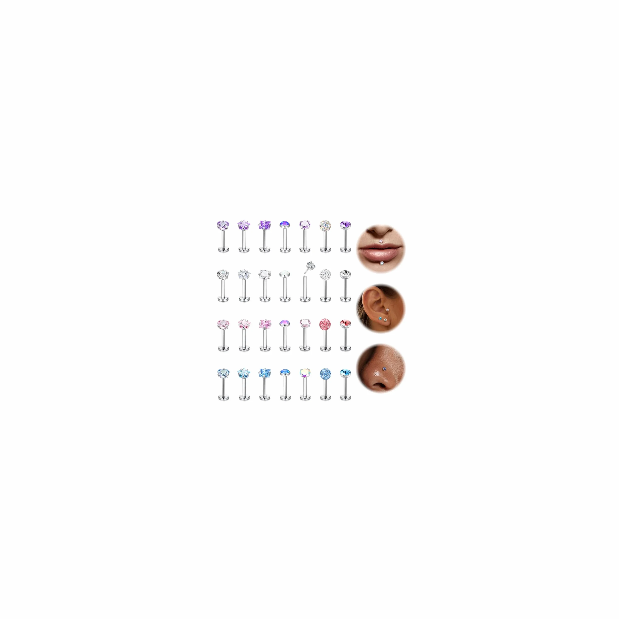 LOLIAS 28 szt. wargi labret sztyft stal nierdzewna 16/20G 6/8 mm tragus piercing biżuteria wargi bar tragus kolczyk gwiazda serce CZ opal płaski tył nos kolczyk meduza piercing biżuteria dla kobiet