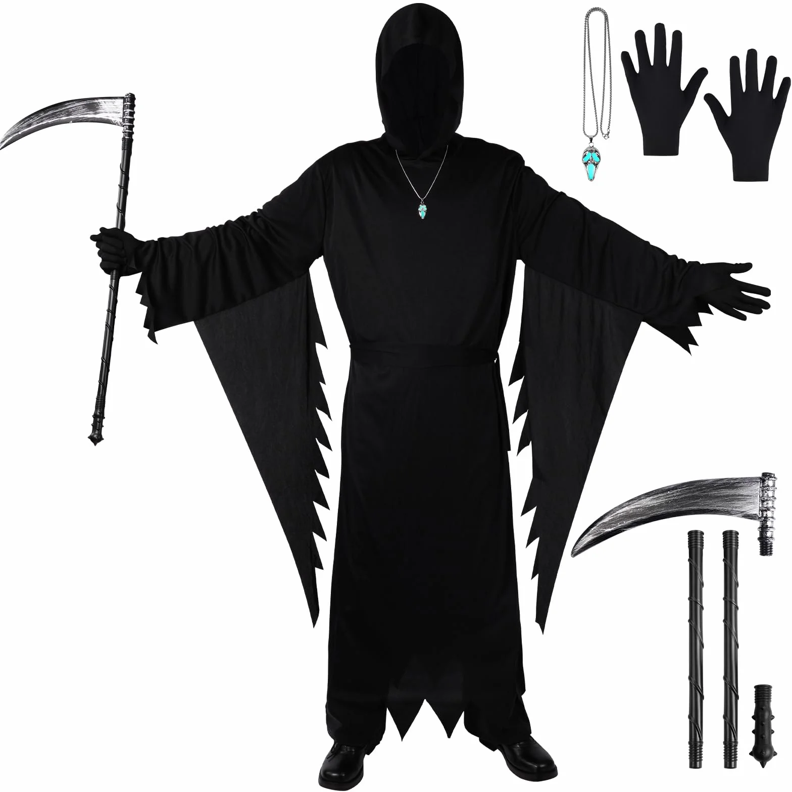 Kostium dla dorosłych, horror i duch, kostium żniwiarza z kosą śmierci i maską i świecącym krzykiem naszyjnika, na Halloween karnawał krzyk Cosplay