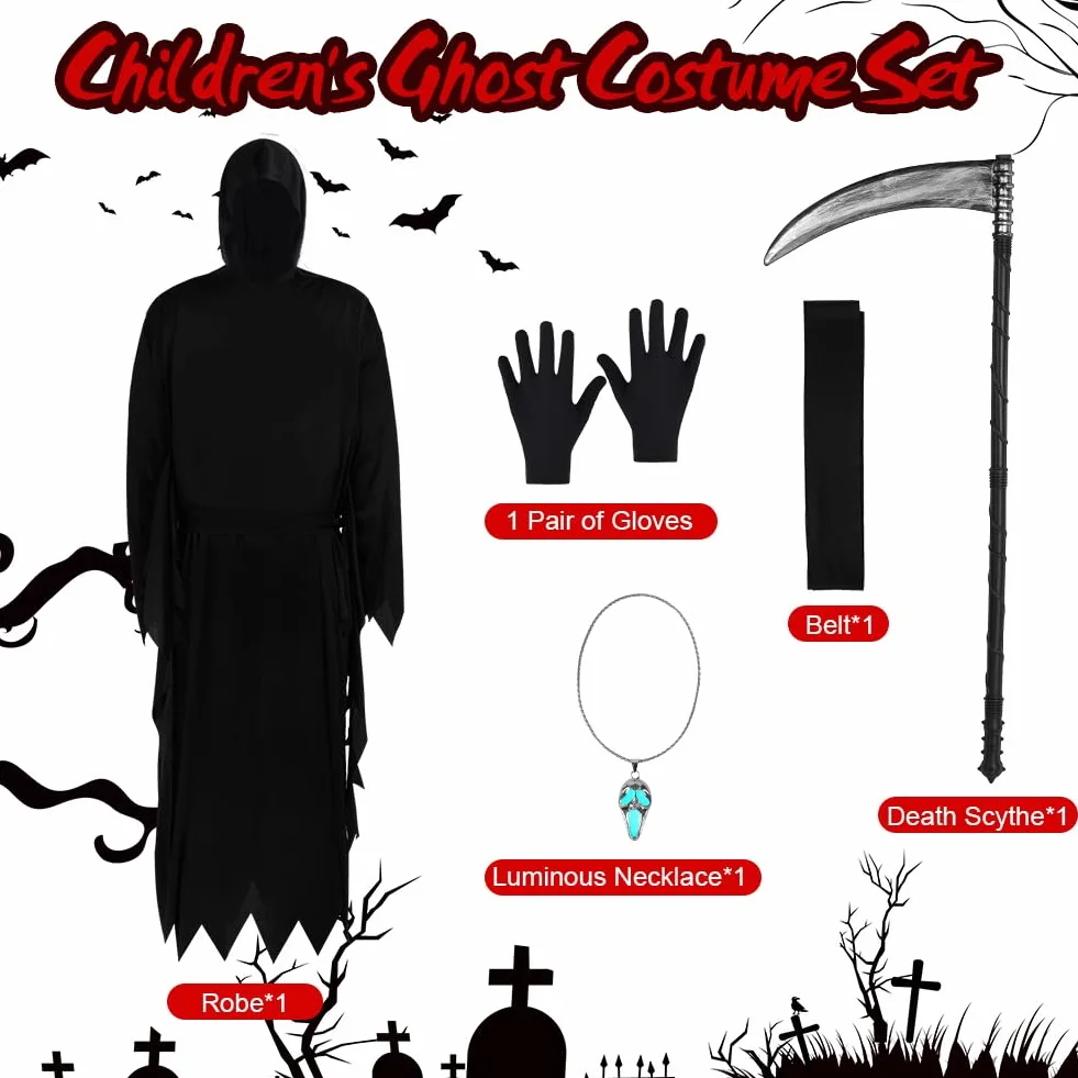 Kostium dla dorosłych, horror i duch, kostium żniwiarza z kosą śmierci i maską i świecącym krzykiem naszyjnika, na Halloween karnawał krzyk Cosplay