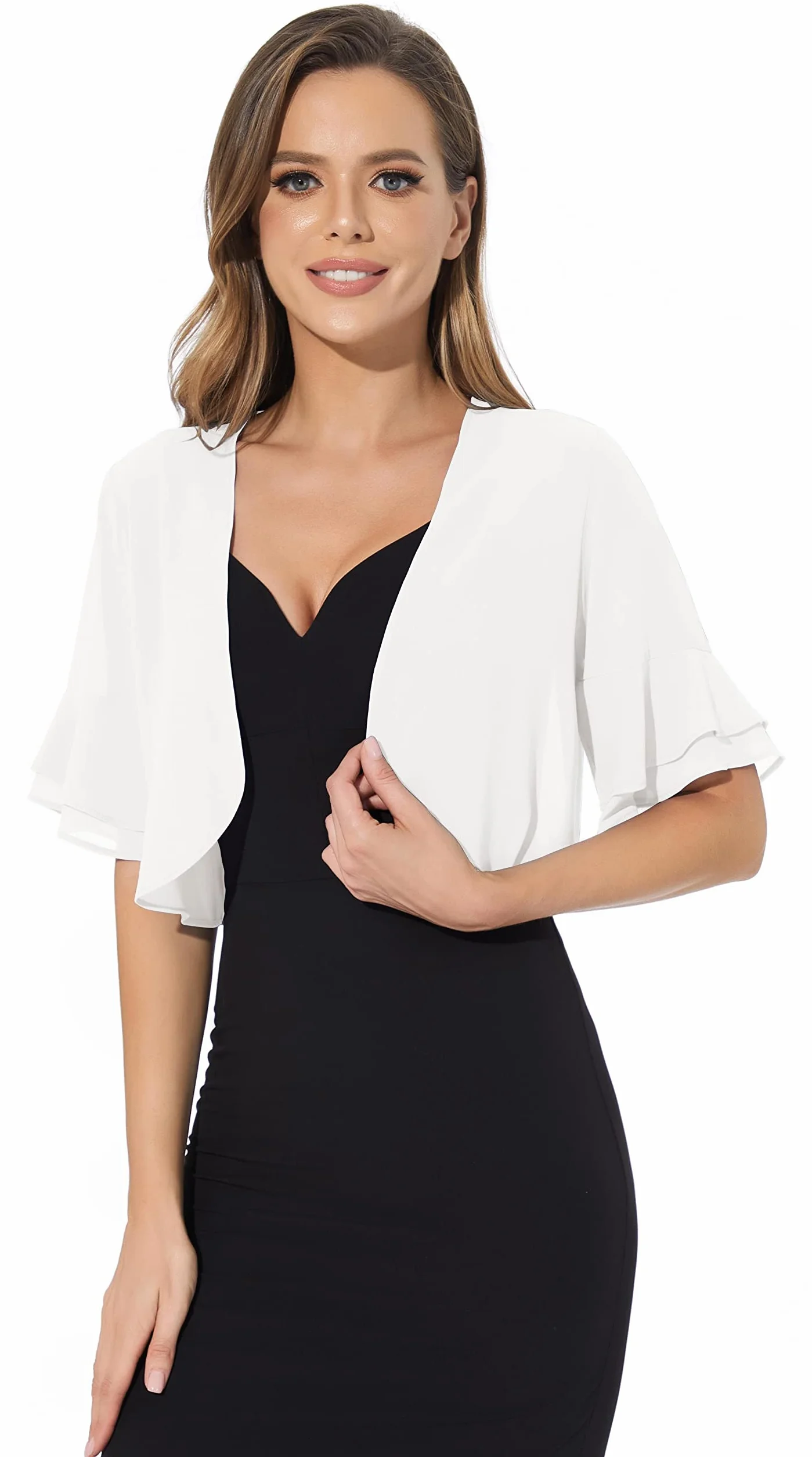 Kardigan Bolerko Długi Szyfon Otwarty Przód 3/4 Sleeves Czarny Retro Kobiety