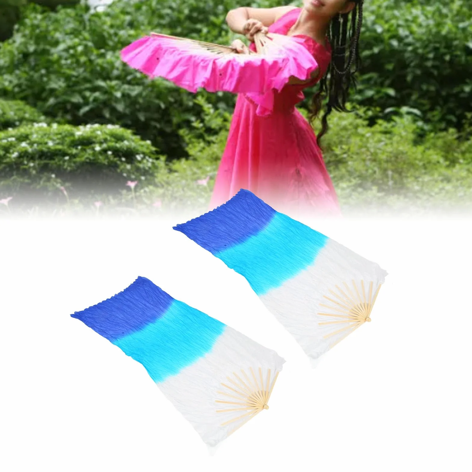 2 szt. Wachlarz do Tańca Brzucha ze Sztucznego Jedwabiu o Długości 1,5 M, Kwadratowe Rekwizyty do Tańca Tricolor, Lekki Przenośny, Wzór Yangko, materiał z Satyny Jedwabnej, do