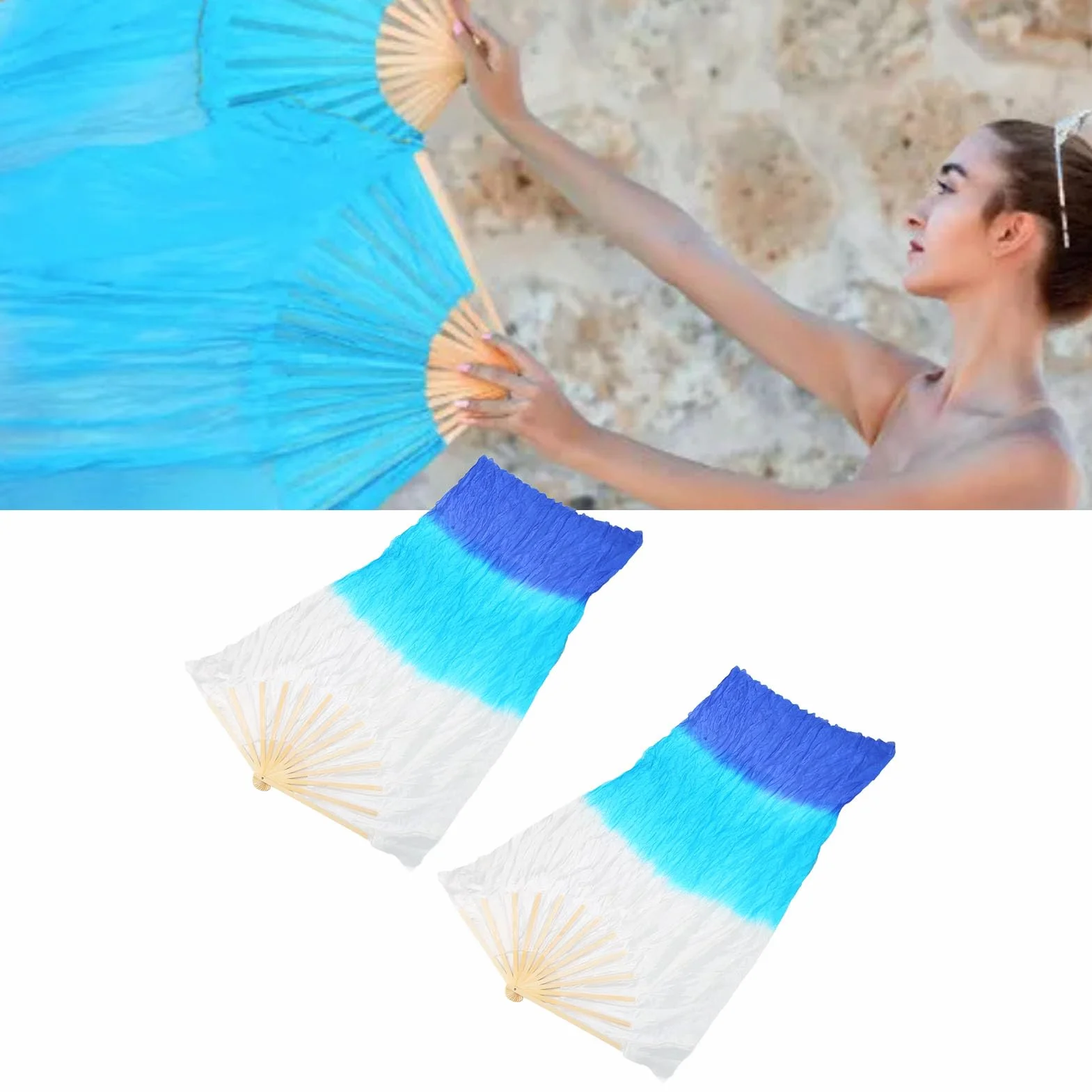 2 szt. Wachlarz do Tańca Brzucha ze Sztucznego Jedwabiu o Długości 1,5 M, Kwadratowe Rekwizyty do Tańca Tricolor, Lekki Przenośny, Wzór Yangko, materiał z Satyny Jedwabnej, do