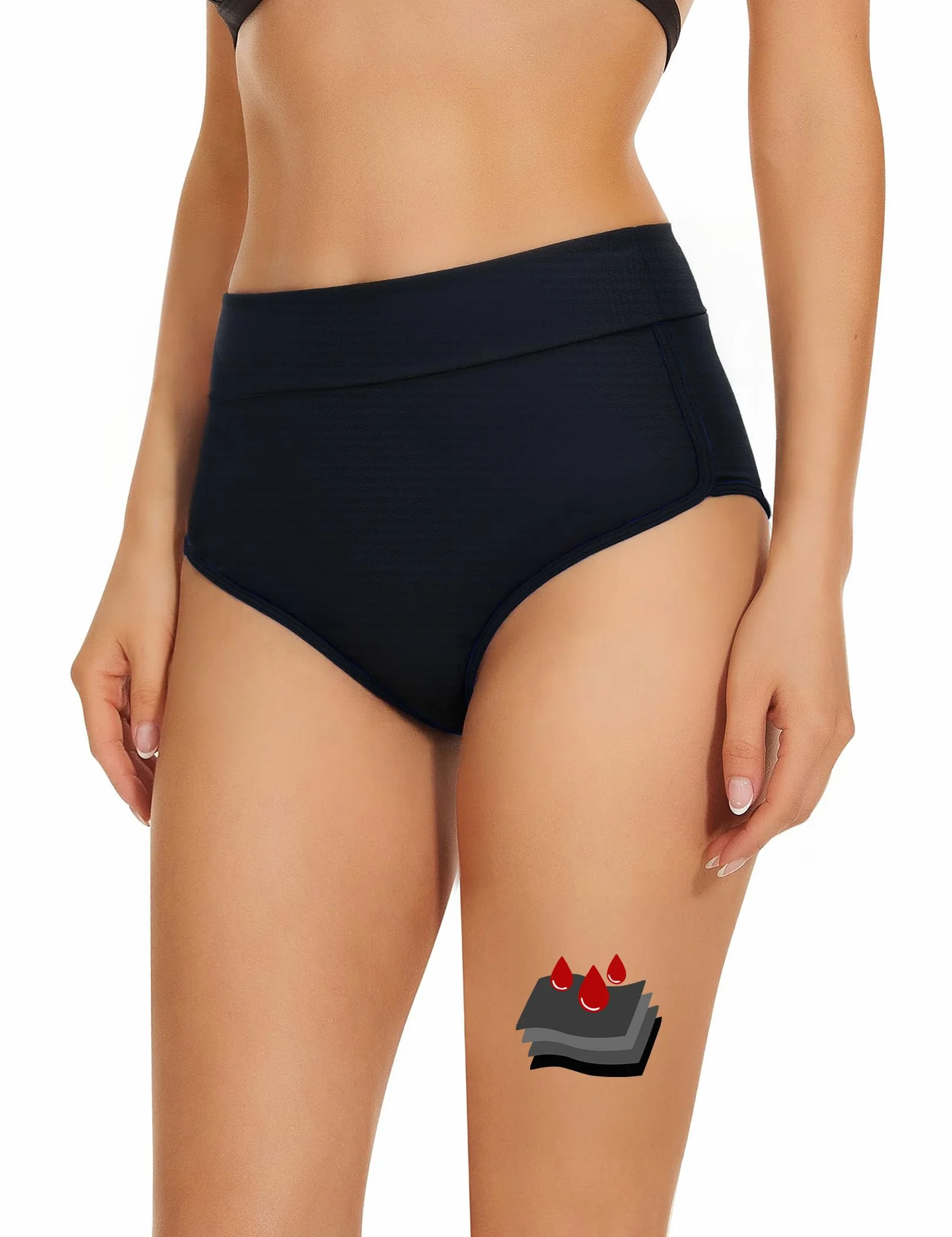 Okresowe spodnie bikini dla dziewcząt i kobiet, wysoka talia, kontrastowe szwy, menstruacyjne szorty chłopięce z 4-warstwową ochroną, szczelne, moda kąpielowa do pływania, na lekkie i średnie dni - 2