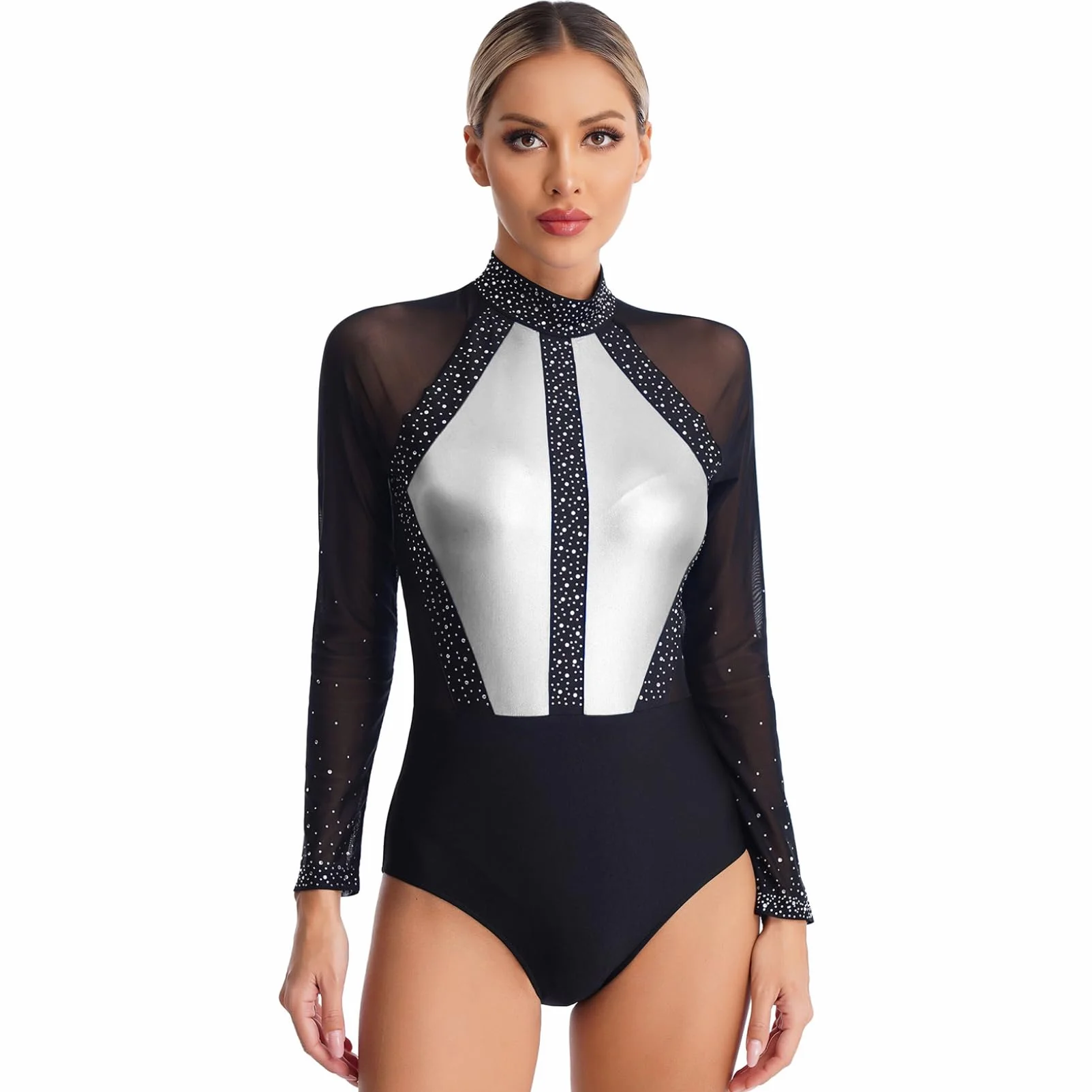 Oyolan Damski trykot gimnastyka kryształ górski z długim rękawem kombinezon body taniec klasyczny leotard łyżwiarstwo figurowe body S-XXL