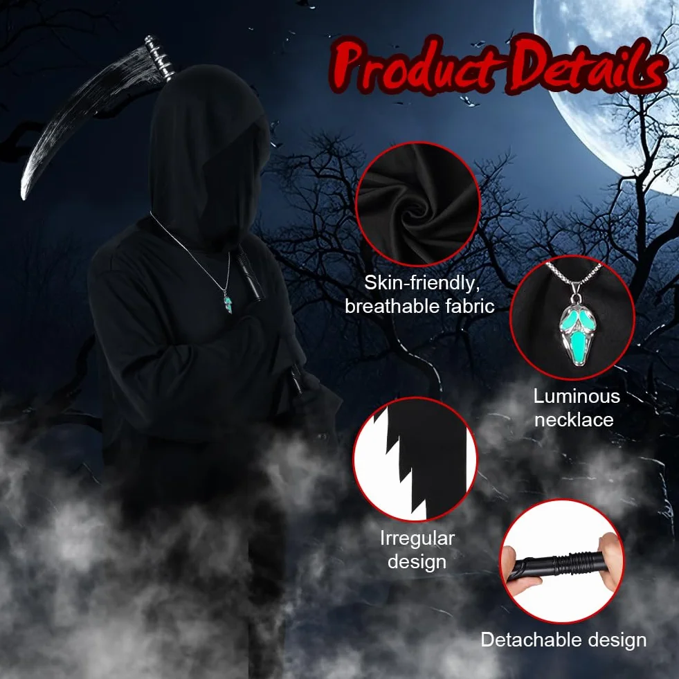 Kostium dla dorosłych, horror i duch, kostium żniwiarza z kosą śmierci i maską i świecącym krzykiem naszyjnika, na Halloween karnawał krzyk Cosplay