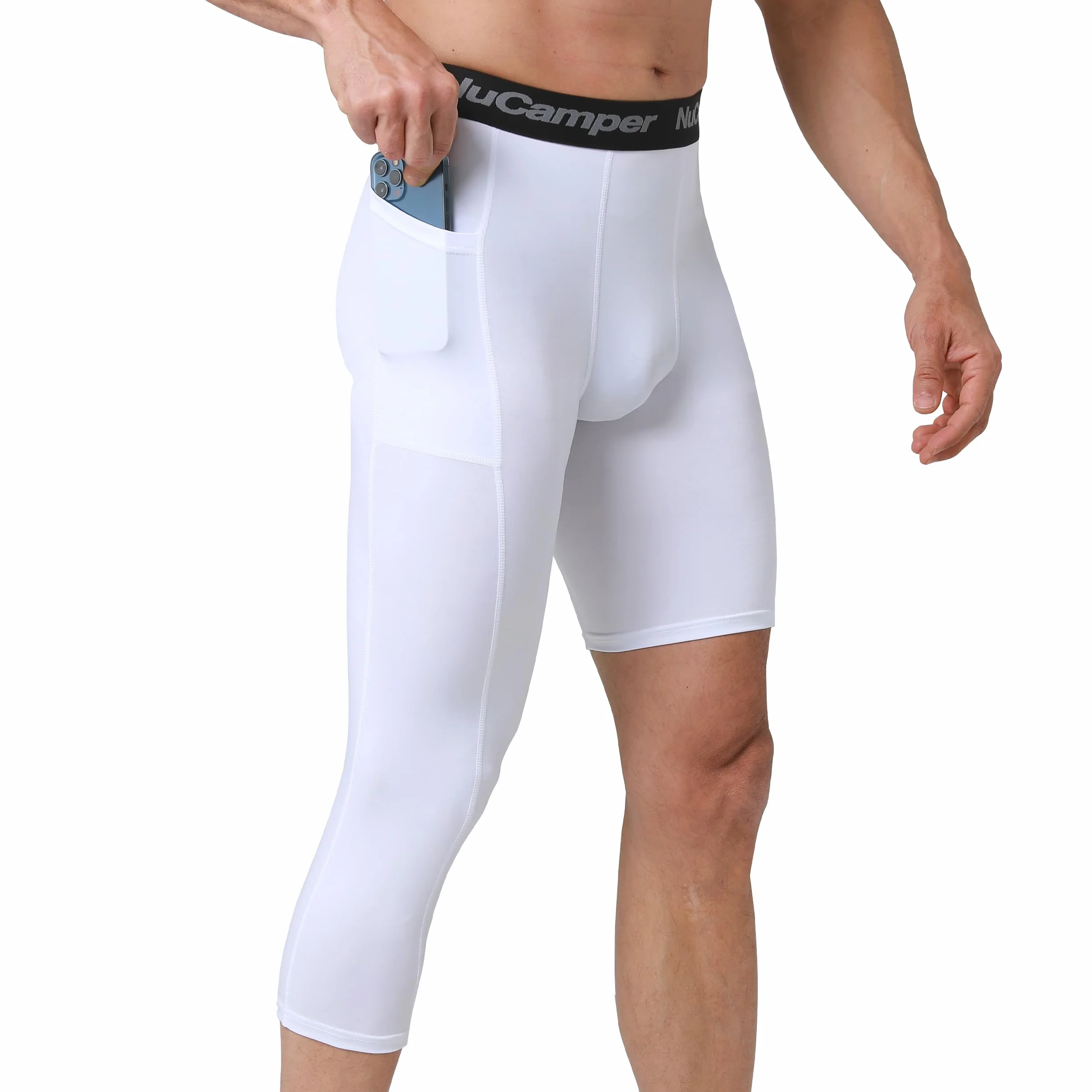 NuCamper 3/4 Spodnie Kompresyjne Męskie z Kieszeniami, Sportowe Legginsy, One Leg Długie Spodnie do Biegania, Szybkoschnące, Warstwa Bazowa Spodnie Kompresyjne, Treningu, Sportu, Koszykówki