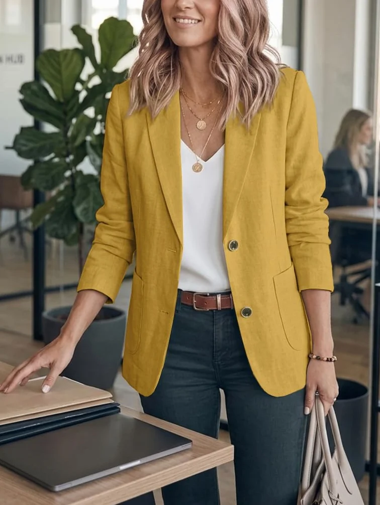 Yellow Blazer for Women 2025 Casual Spring Summer Linen Clothes Lightweight Jackets Deconstructed Blazers Cotton Cardigans, Yellow, L