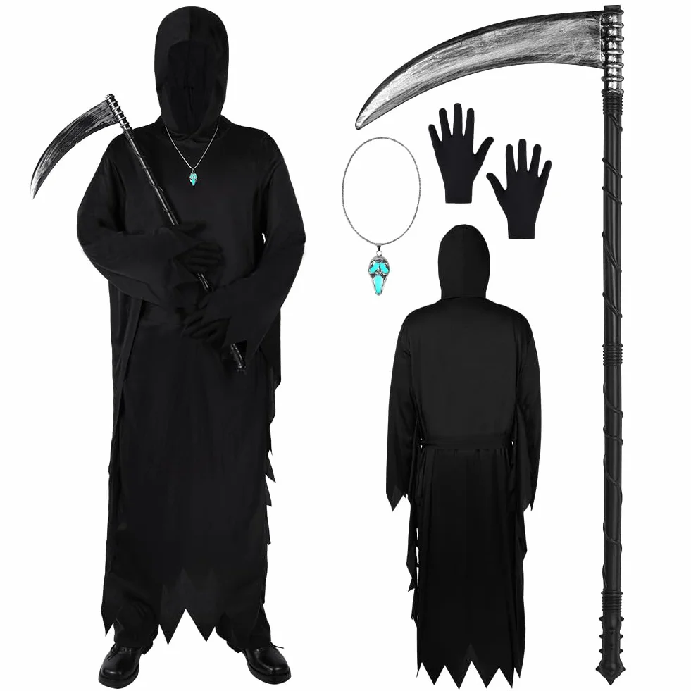 Kostium dla dorosłych, horror i duch, kostium żniwiarza z kosą śmierci i maską i świecącym krzykiem naszyjnika, na Halloween karnawał krzyk Cosplay