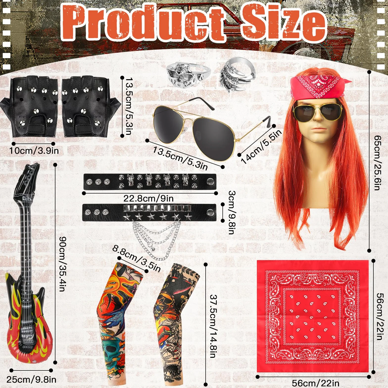Kostium męski Rocker, 12 sztuk, styl punkowy, gotycki, zestaw rockowy, lata 80-te 90., hip hop, stroje z perłą, okularami, tatuażami, rękawami, rękawiczkami, bandanami, bransoletkami i pierścieniami,
