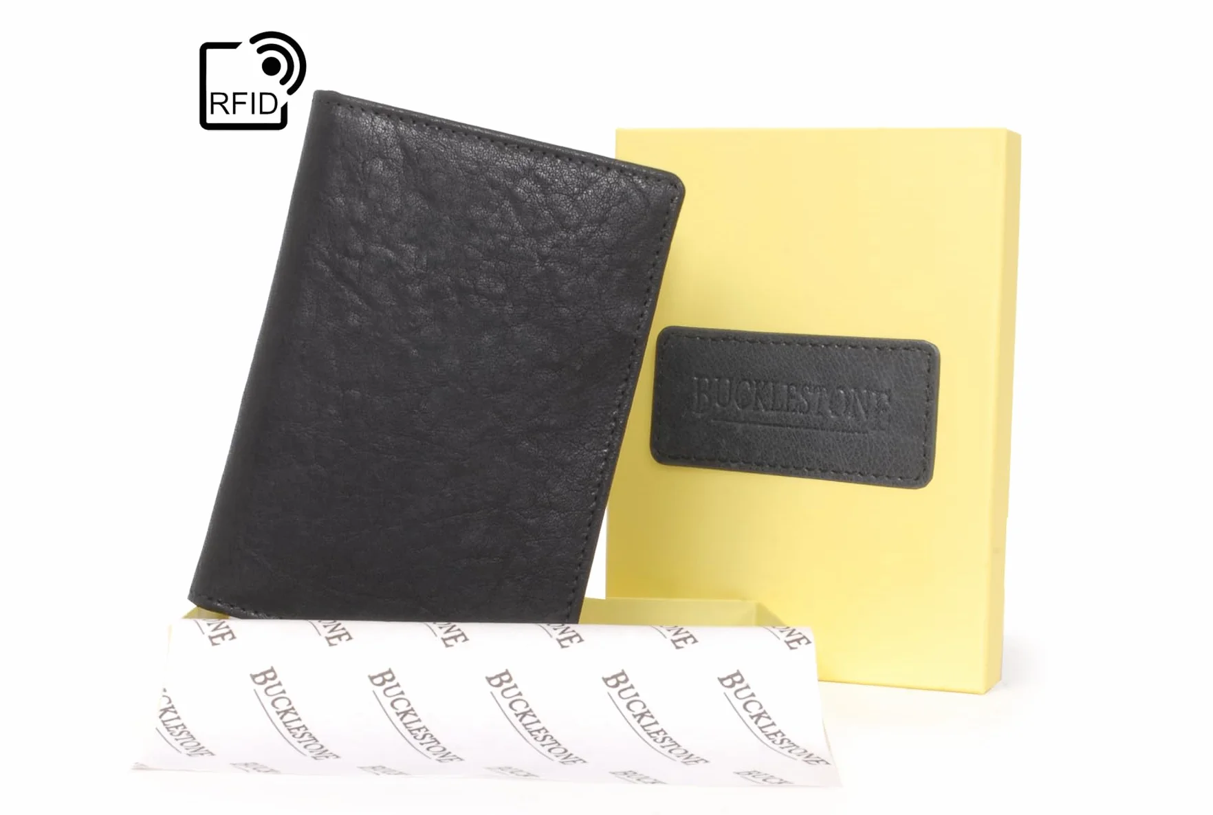 Męski Skórzane Etui na Paszport - Mały Portfel Podróżny na Karty - w Pudełku Upominkowym - RFID - Manchester - Czarny