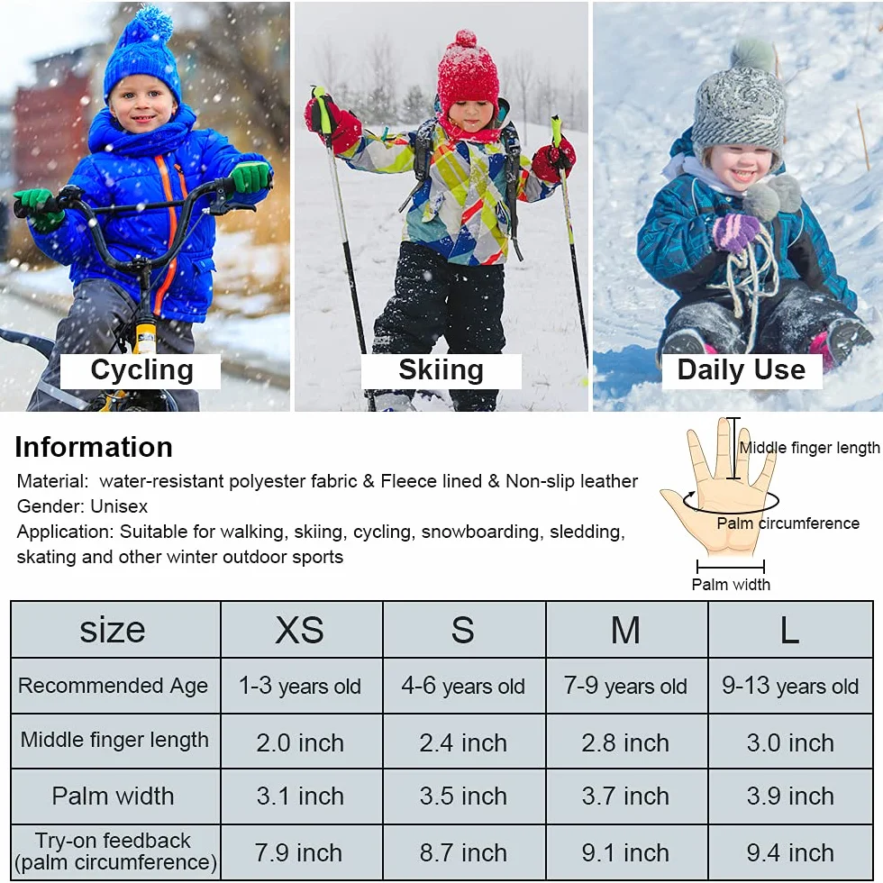 QKURT Dziecięce rękawice narciarskie, snowboardowe, rękawice śniegowe, wodoodporne i wiatroszczelne, zimowe rękawiczki dla dziewcząt i chłopców, do jazdy na nartach, snowboardzie, do biegania,