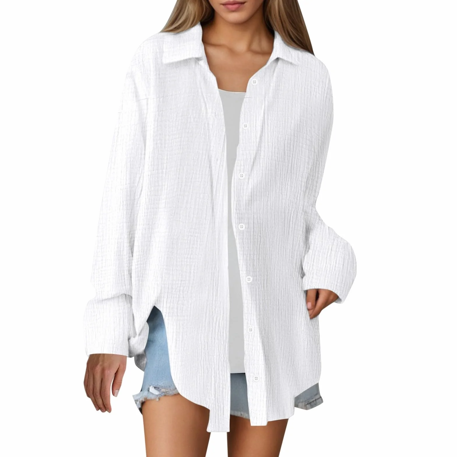 Muślinowa bluzka damska, oversize, biała, letnia bluzka koszulowa, bawełna, dekolt w serek, długa bluzka z długim rękawem, nowoczesna koszulka, elegancka koszula, bluzka, luźna koszulka z długim