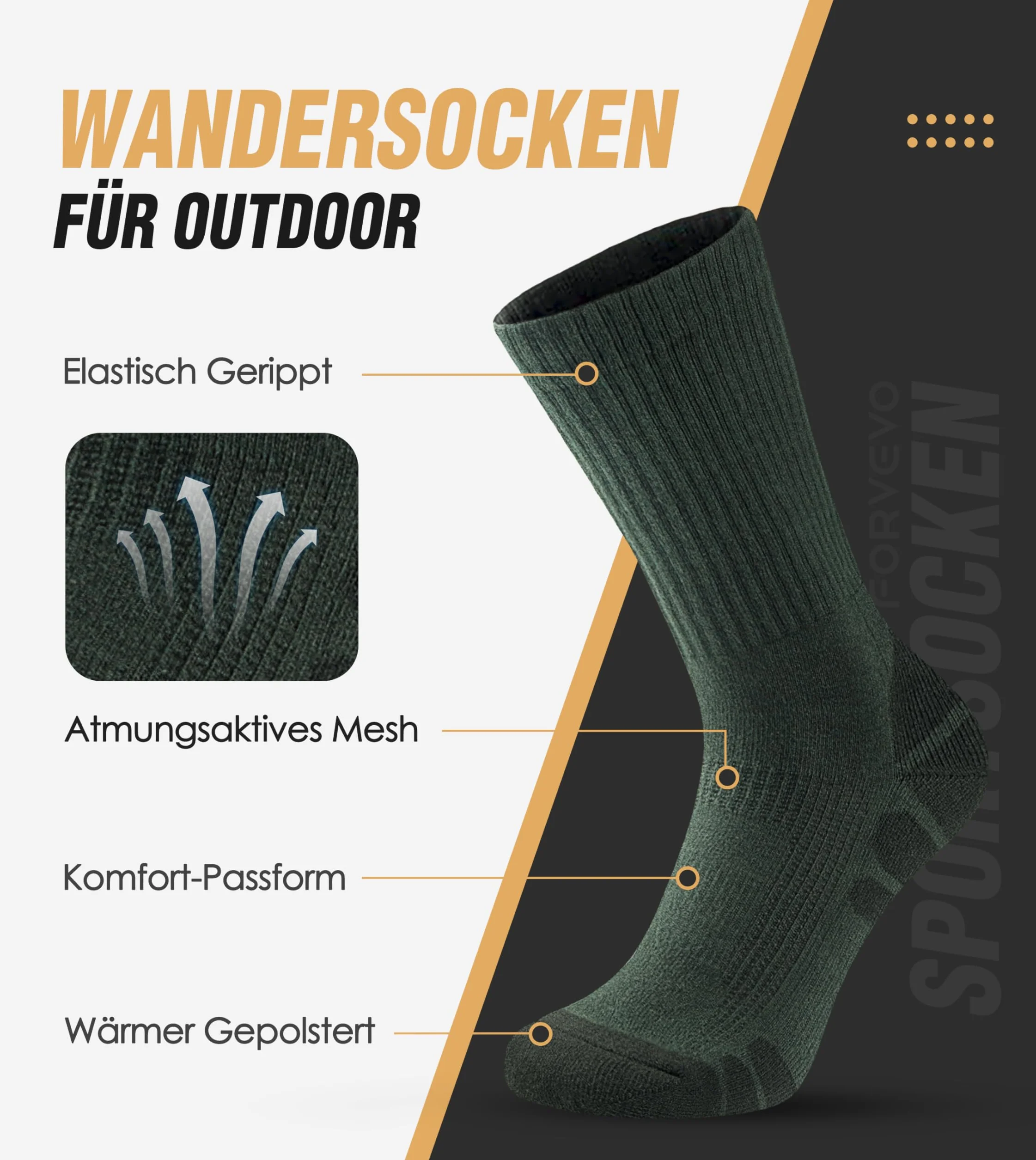 FORVEVO 60% Merino skarpety trekkingowe dla mężczyzn i kobiet, 3 pary, wełniane skarpety męskie, wyściełane, termiczne skarpety zimowe, skarpety sportowe do trekkingu i aktywności na świeżym powietrzu