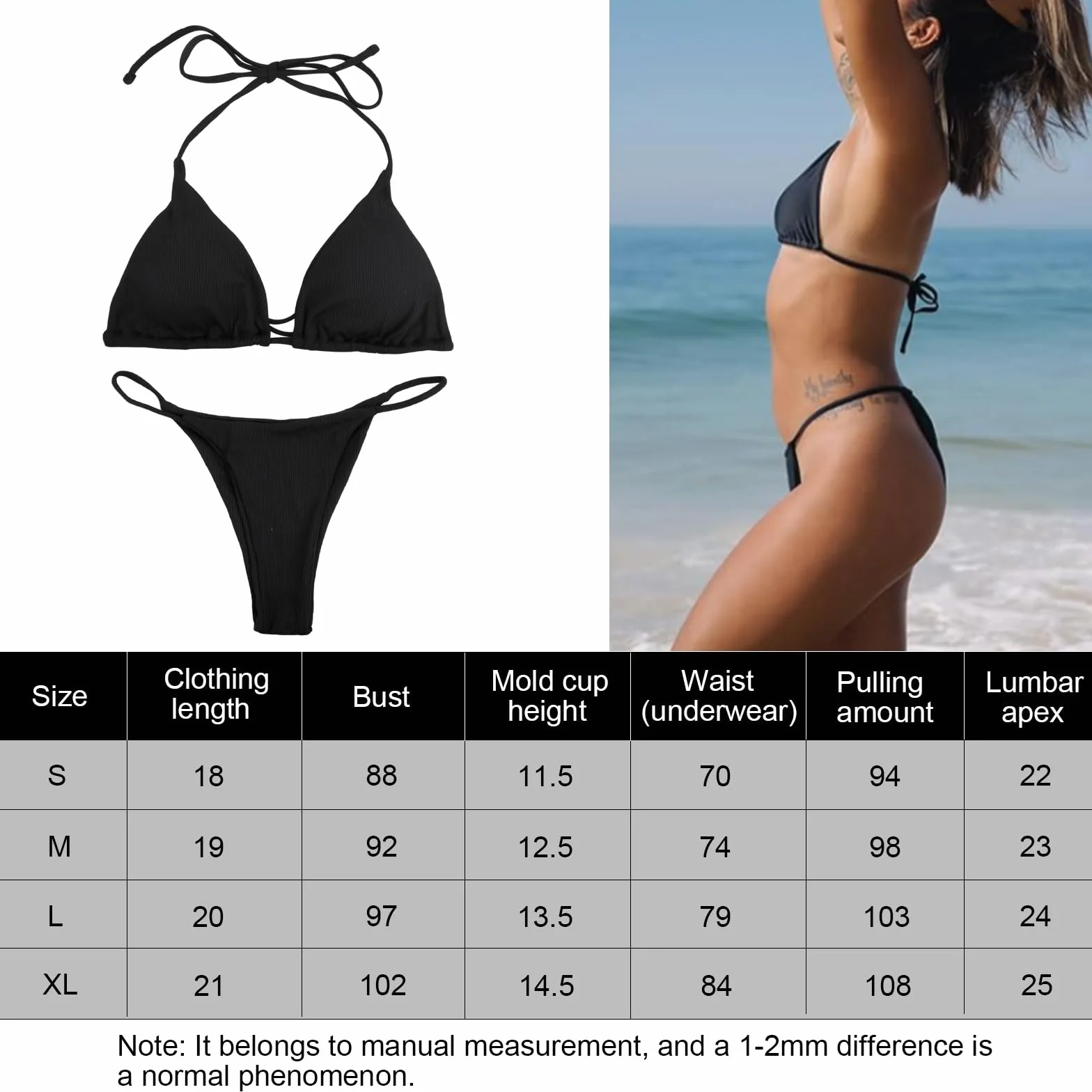 Damskie Bikini Zestawy Regulowany Strój Kąpielowy Bikini Strój Kąpielowy Halter Dwuczęściowy Strój Kąpielowy Z Wypełnieniem (Czarny)