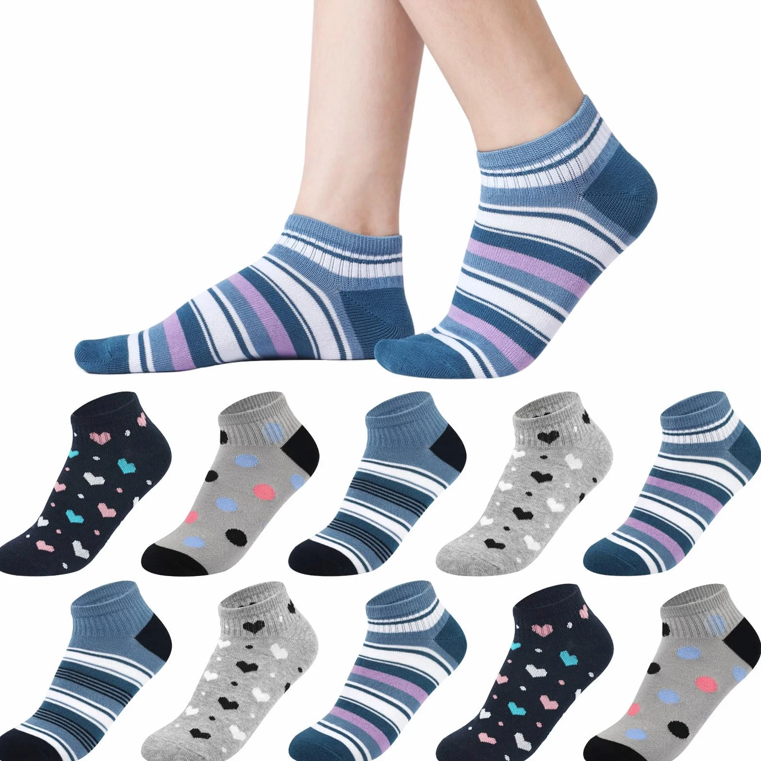 Skarpety damskie do sneakersów 35-38 39-42, 10 par bawełnianych krótkich skarpet dziewczęcych, wielokolorowe skarpety do sneakersów, kolorowe skarpety damskie z kropkami w paski, Niebieski zestaw., 35