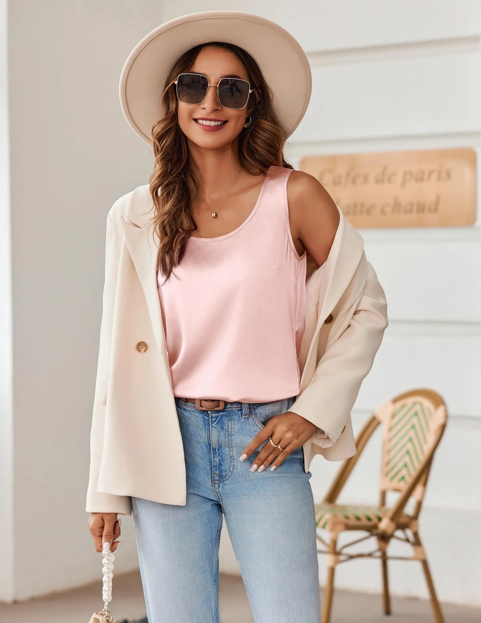 Zeagoo Satynowy top damski, elegancki, jedwabny top, basic, okrągły dekolt, bez rękawów, satynowa bluzka