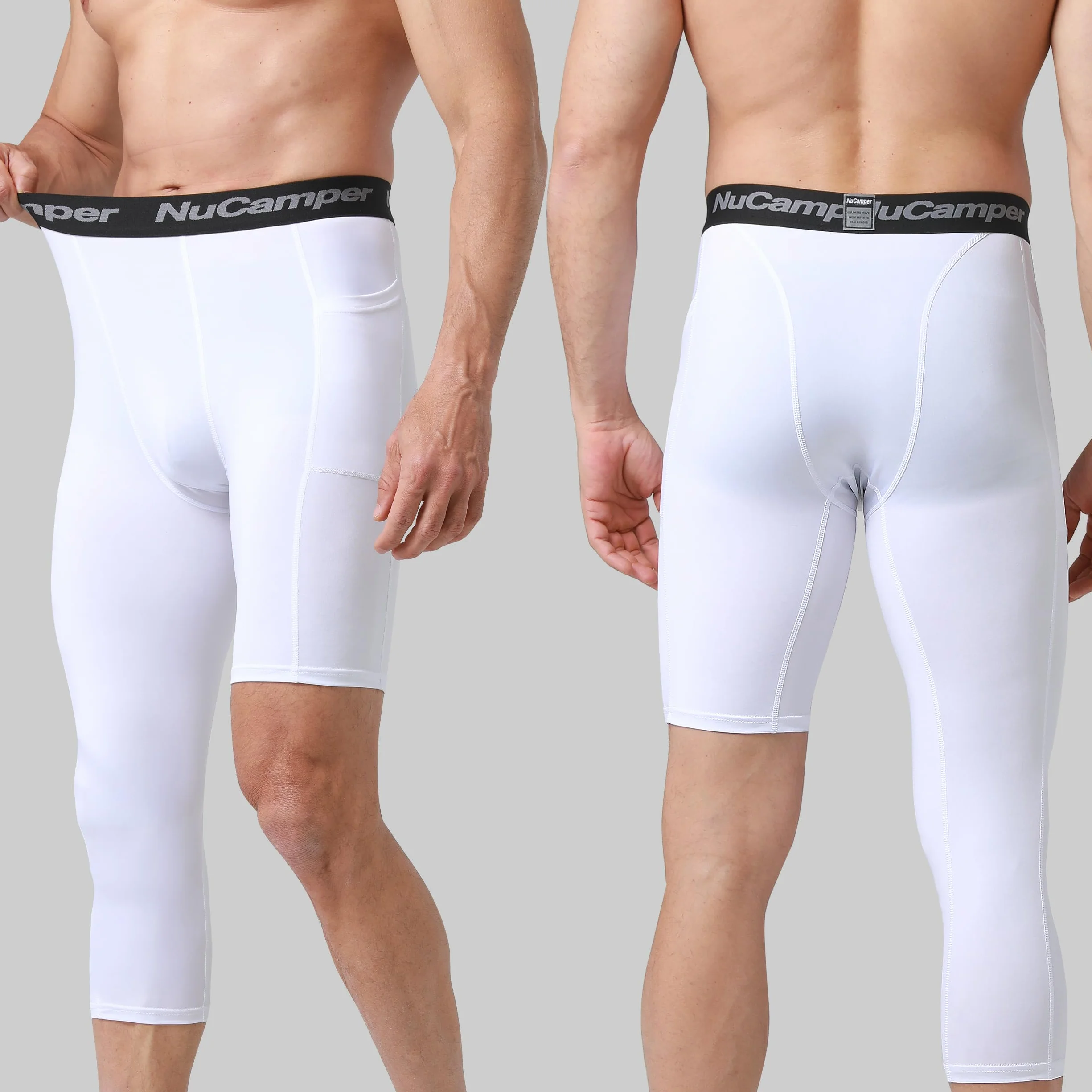 NuCamper 3/4 Spodnie Kompresyjne Męskie z Kieszeniami, Sportowe Legginsy, One Leg Długie Spodnie do Biegania, Szybkoschnące, Warstwa Bazowa Spodnie Kompresyjne, Treningu, Sportu, Koszykówki