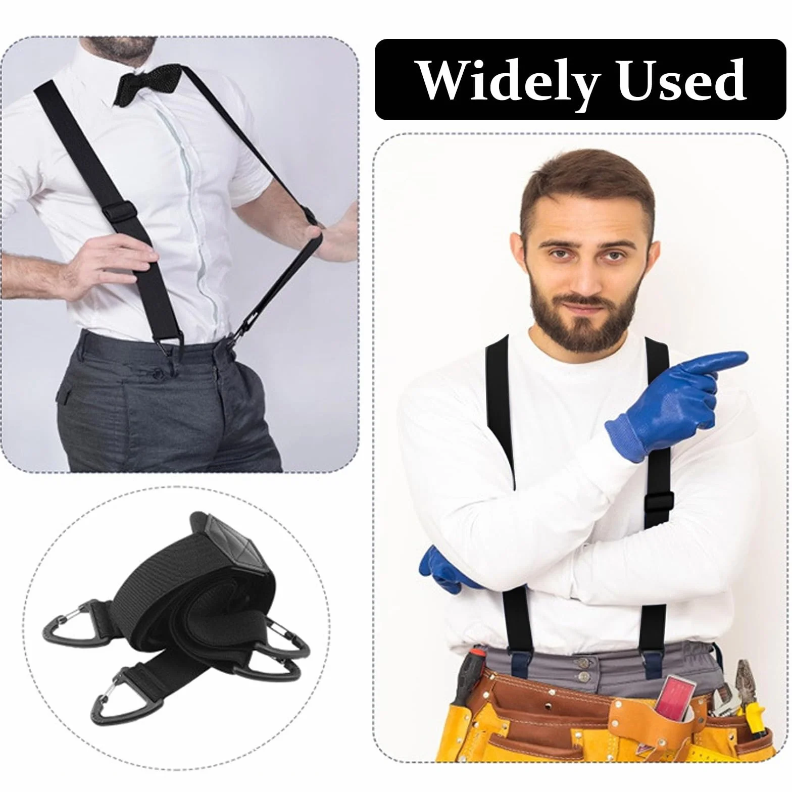 Szelki męskie, ekstra mocne, czarne, szelki męskie w kształcie litery X, szerokość 3,8 cm, z 4 karabińczykami, regulowane, elastyczne, antypoślizgowe klamry do spodni roboczych, outdoorowych